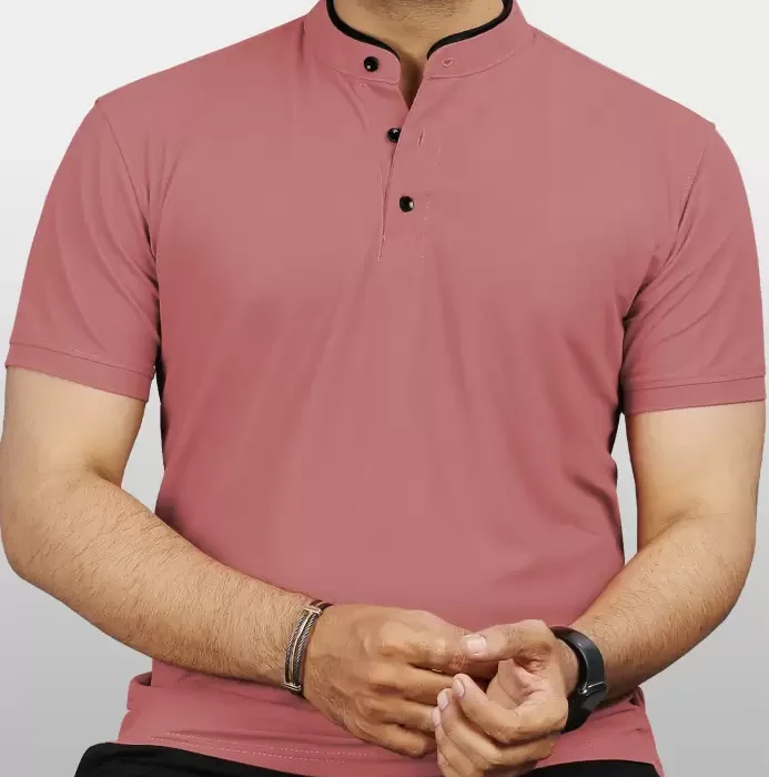 Men Solid Mandarin Collar Polyester Pink T-Shirt